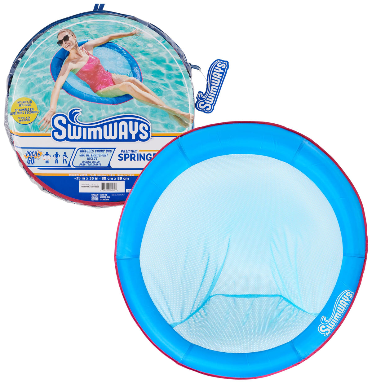 SwimWays Spring Float Papasan Pool Lounger with soft cooling mesh and inflatable edges for comfort and support
