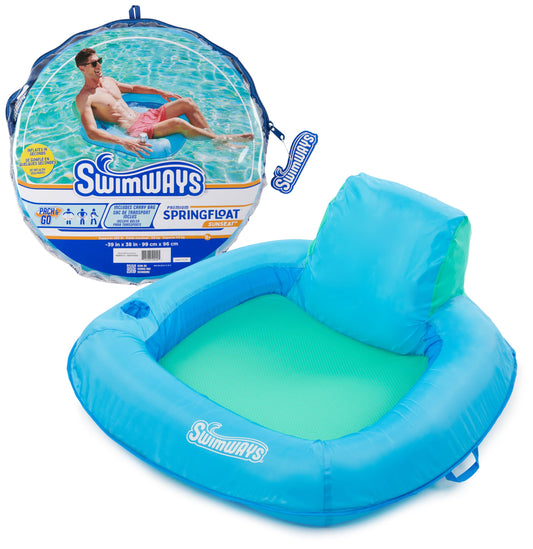 SwimWays Spring Float Premium SunSeat Pool Lounge Chair in sky blue with soft cooling mesh and inflatable backrest