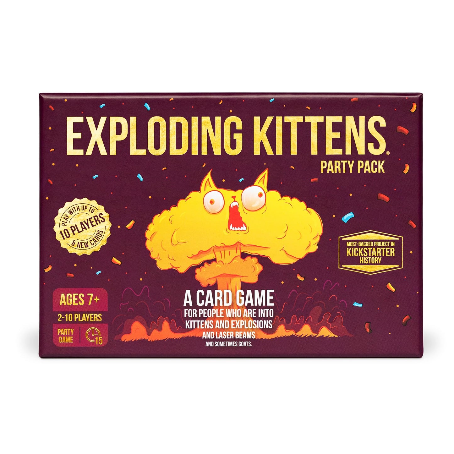 Exploding Kittens Party Box featuring a card game for up to 10 players with a kitten theme