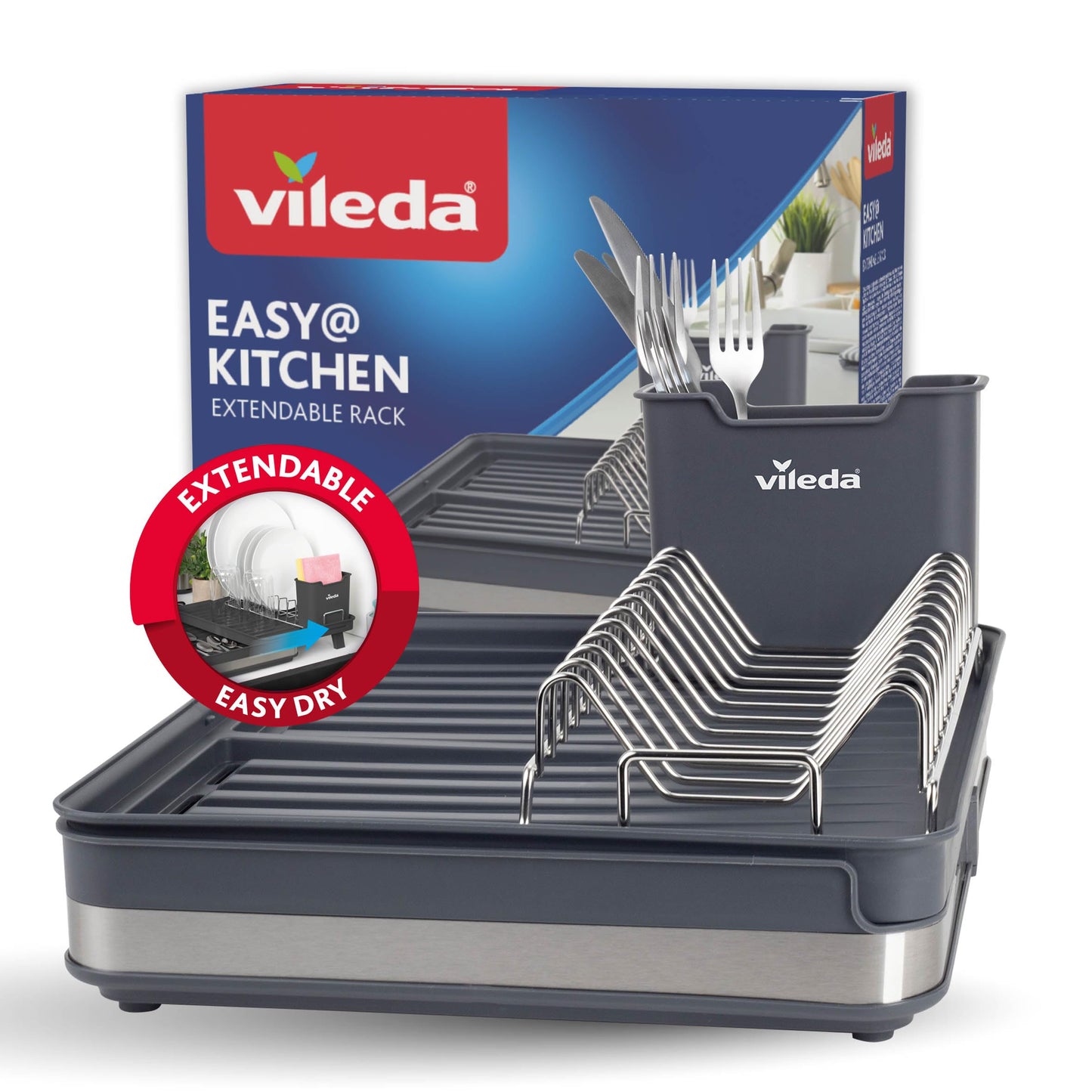 Vileda dish drainer with extendable rack, dark grey color, stainless steel material