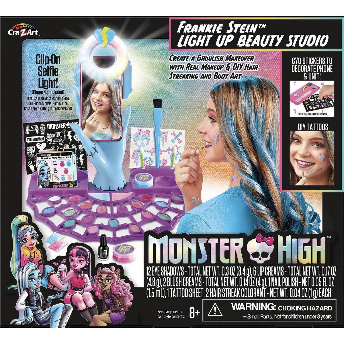 Monster High Frankie Stein Light-Up Beauty Studio with vibrant makeup shades and tools