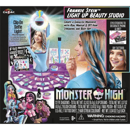 Monster High Frankie Stein Light-Up Beauty Studio with vibrant makeup shades and tools