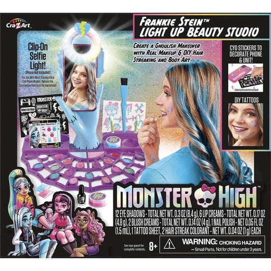 Monster High Frankie Stein Light-Up Beauty Studio with vibrant makeup shades and tools