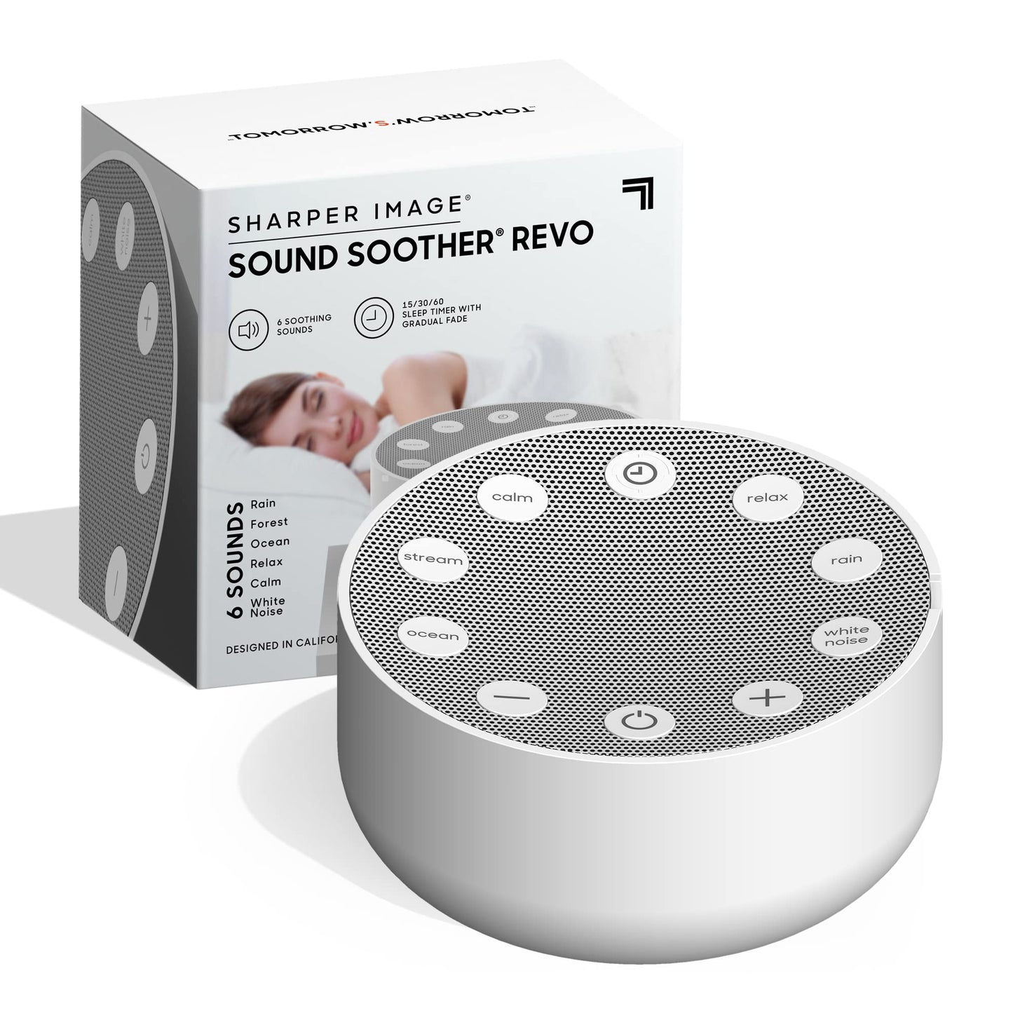 Portable sound machine with six soothing sounds for restful sleep and relaxation
