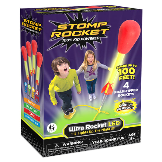 Stomp Rocket Ultra LED Rocket Launcher with 4 foam tipped rockets, an adjustable stand, a launch tube, and a launch pad with 
