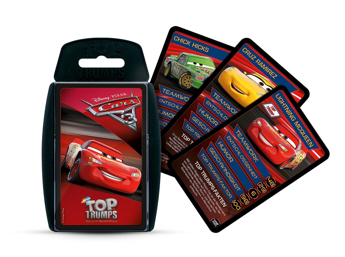 Winning Moves Disney Cars 3 Top Trumps card game with 30 character cards and hard plastic card holder