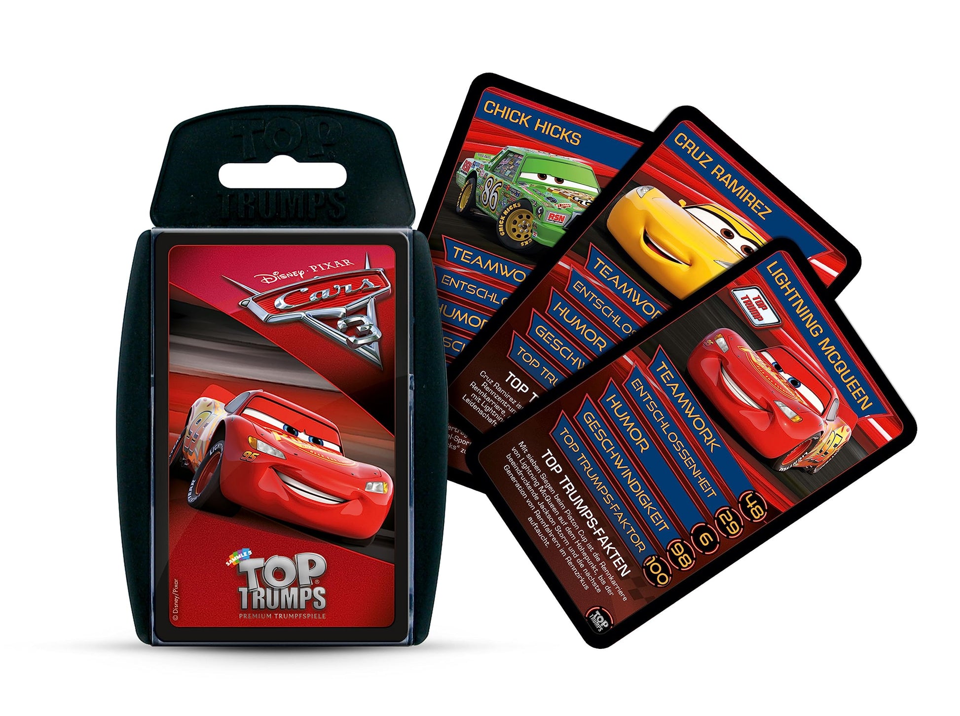 Winning Moves Disney Cars 3 Top Trumps card game with 30 character cards and hard plastic card holder