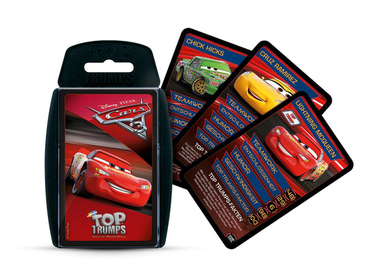 Winning Moves Disney Cars 3 Top Trumps card game with 30 character cards and hard plastic card holder