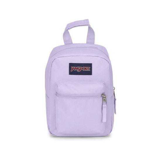 JanSport insulated lunch bag with a pastel lilac color and zipper closure