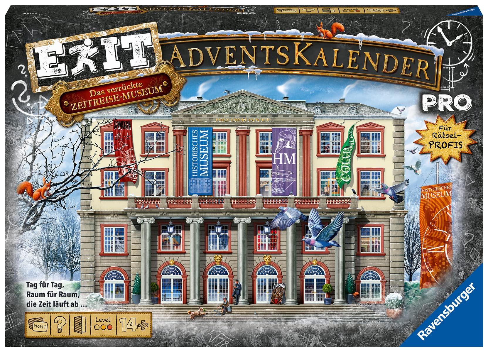Ravensburger EXIT Adventskalender featuring a crazy time travel museum theme with various puzzles