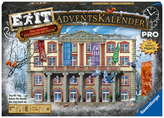 Ravensburger EXIT Adventskalender featuring a crazy time travel museum theme with various puzzles