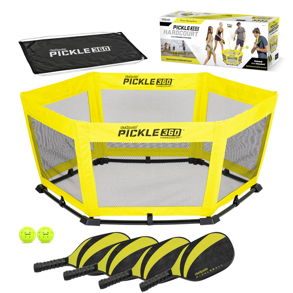 GoSports Pickle 360 Hardcourt Paddle Ball Game Set with paddles, balls, and target