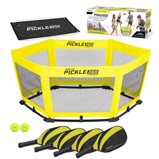 GoSports Pickle 360 Hardcourt Paddle Ball Game Set with paddles, balls, and target