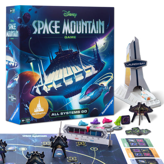 Ravensburger Disney Space Mountain All Systems Go board game with colorful rocket pieces and Space Mountain standees