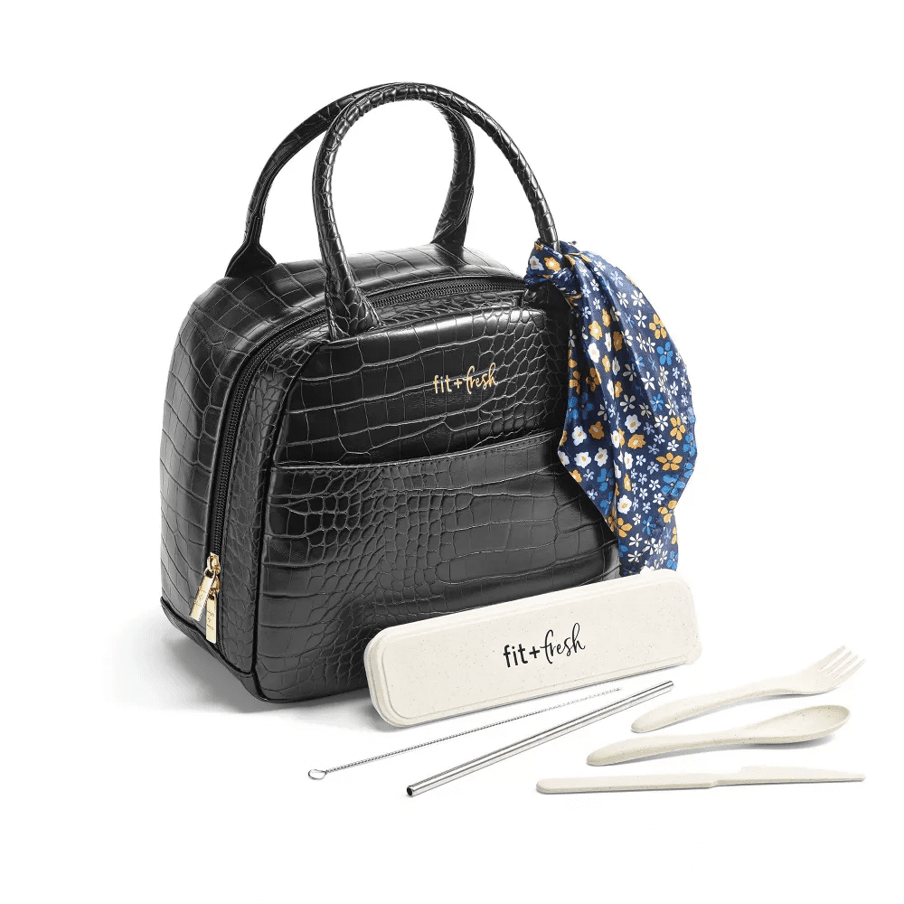 Fit & Fresh Lyon Luxe Lunch Bag in black with travel utensils and case