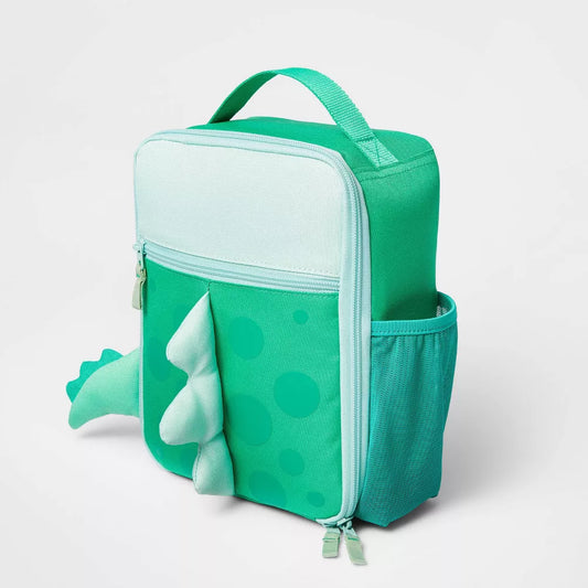 Cat & Jack Dino-Style Lunch Bag with textured green and white design, spikes, and tail