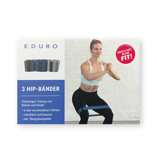 Set of three Eduro hip bands in different strengths, made of polyester and elastic material