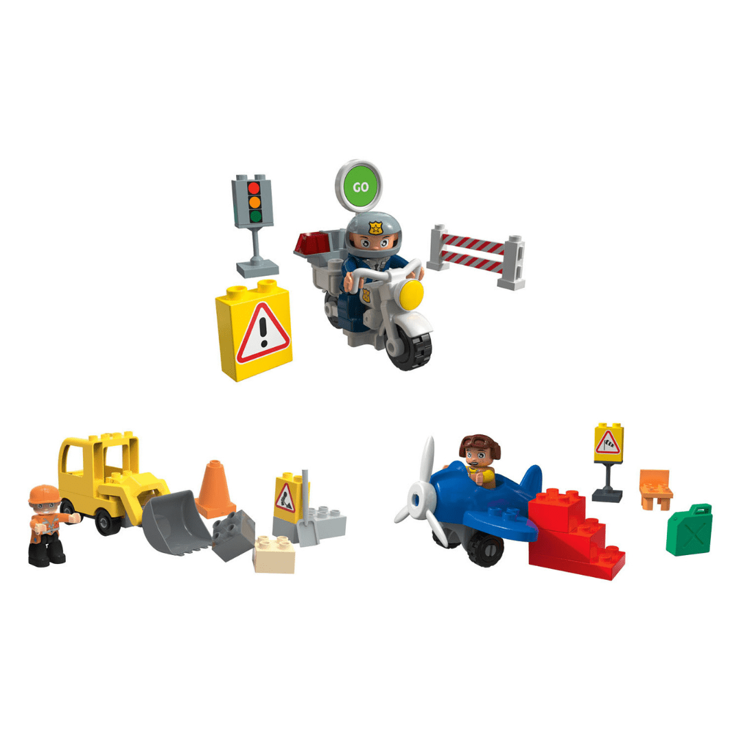 Playtive Clippys playset with an excavator, police motorcycle, and airplane