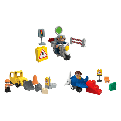 Playtive Clippys playset with an excavator, police motorcycle, and airplane