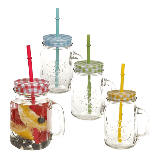 Set of 4 Ernesto drinking jars with screw-on lids and reusable straws