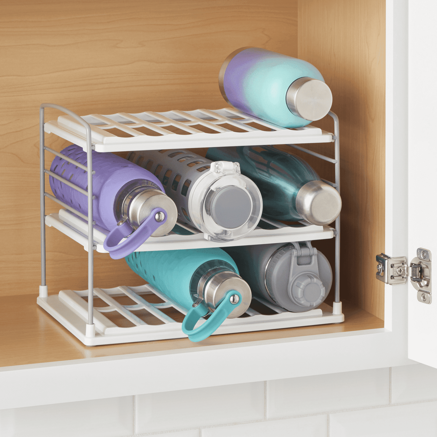 YouCopia UpSpace 3-Shelf Water Bottle Organizer in kitchen
