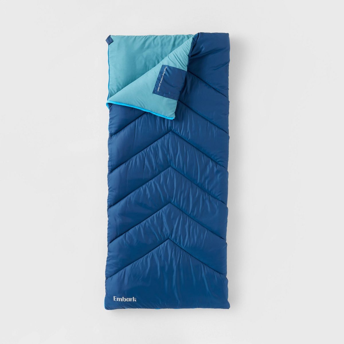 Embark Adult Sleeping Bag in blue/aqua color, rated for 40 degrees Fahrenheit