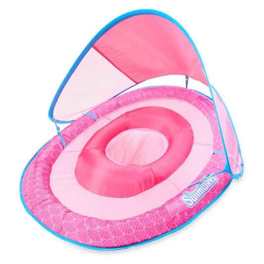 Swim Ways Baby Spring Float with a soft mesh seat, secure leg holes, and a removable sun canopy for shade