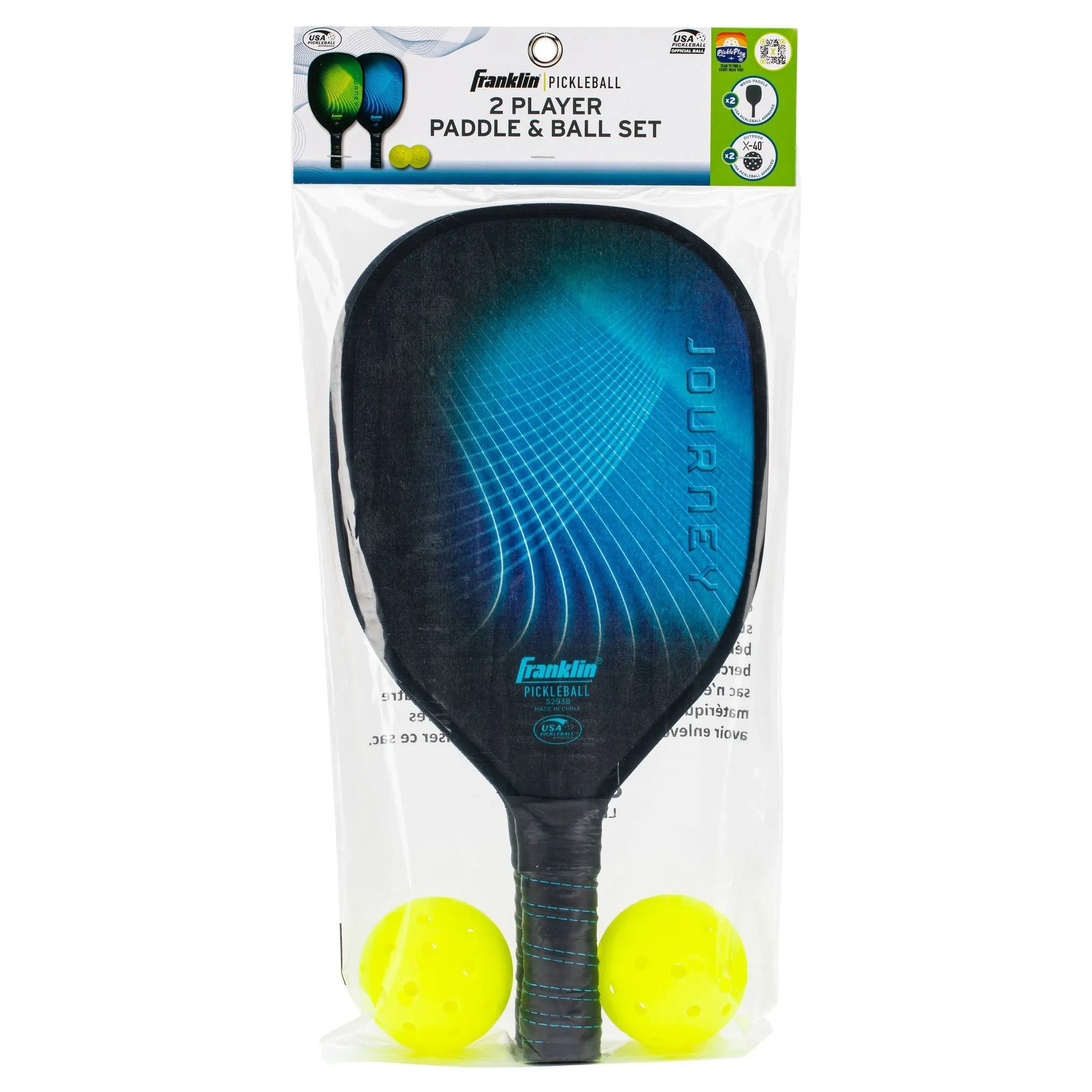Franklin Sports 2 Player Wood Journey Pickleball Paddle and Ball Set in blue with USAPA Approved X-40 pickleballs