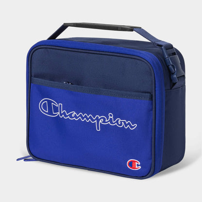 Champion Center Lunch Bag with a hard shell and built-in tray in blue color