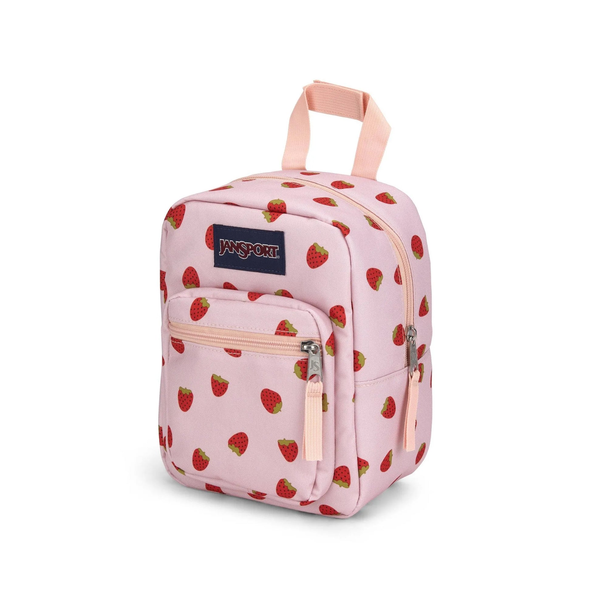 JanSport Insulated Lunch Bag in Strawberry Shower with zip closure and exterior pocket