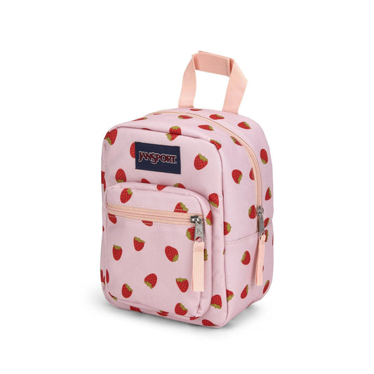 JanSport Insulated Lunch Bag in Strawberry Shower with zip closure and exterior pocket