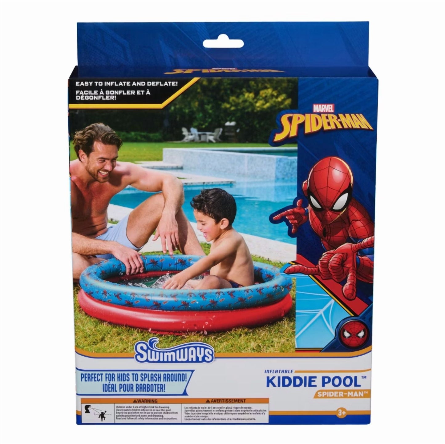 Inflatable kids pool with Marvel Spidey theme, perfect for outdoor fun and superhero themed parties