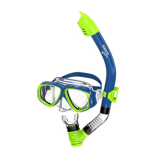 Speedo Junior Reefscout Mask & Snorkel Set in Blue/Green with secure mask, adjustable strap, and splash-top snorkel