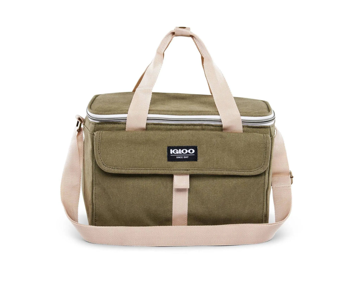 Igloo Nostalgia Lunch Sack in olive color with zipper closure and adjustable shoulder strap