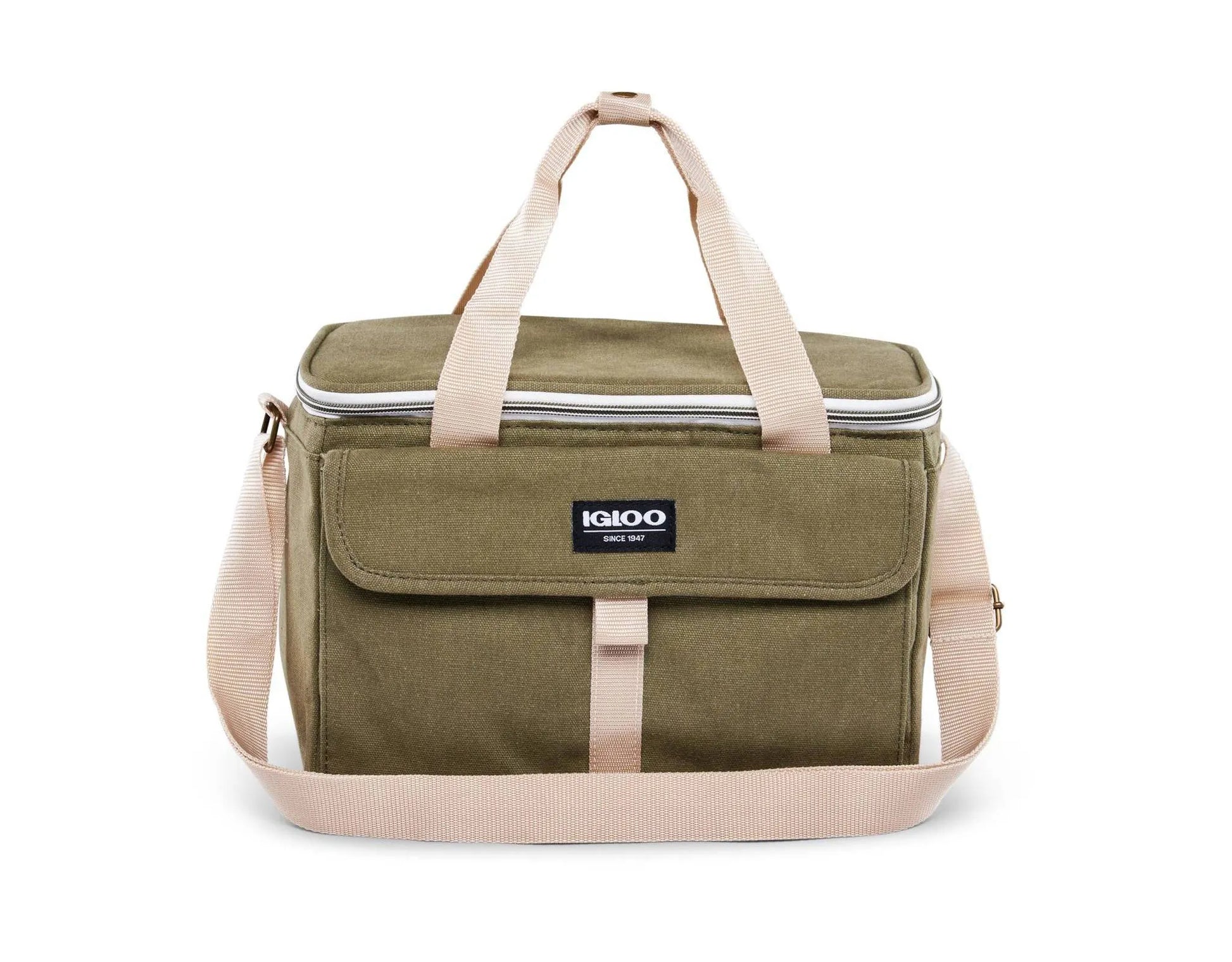 Igloo Nostalgia Lunch Sack in olive color with zipper closure and adjustable shoulder strap