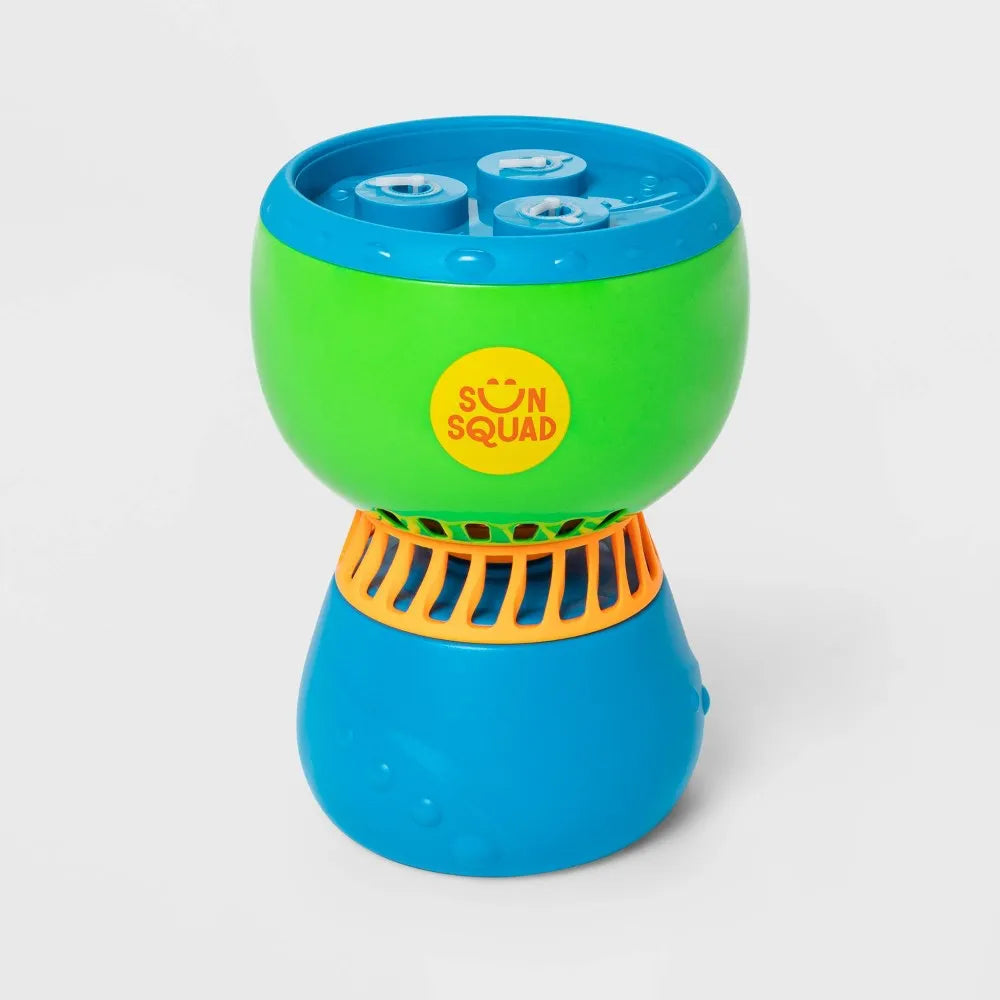 Sun Squad Bubble Machine with vibrant colors and two bubble concentrate sachets