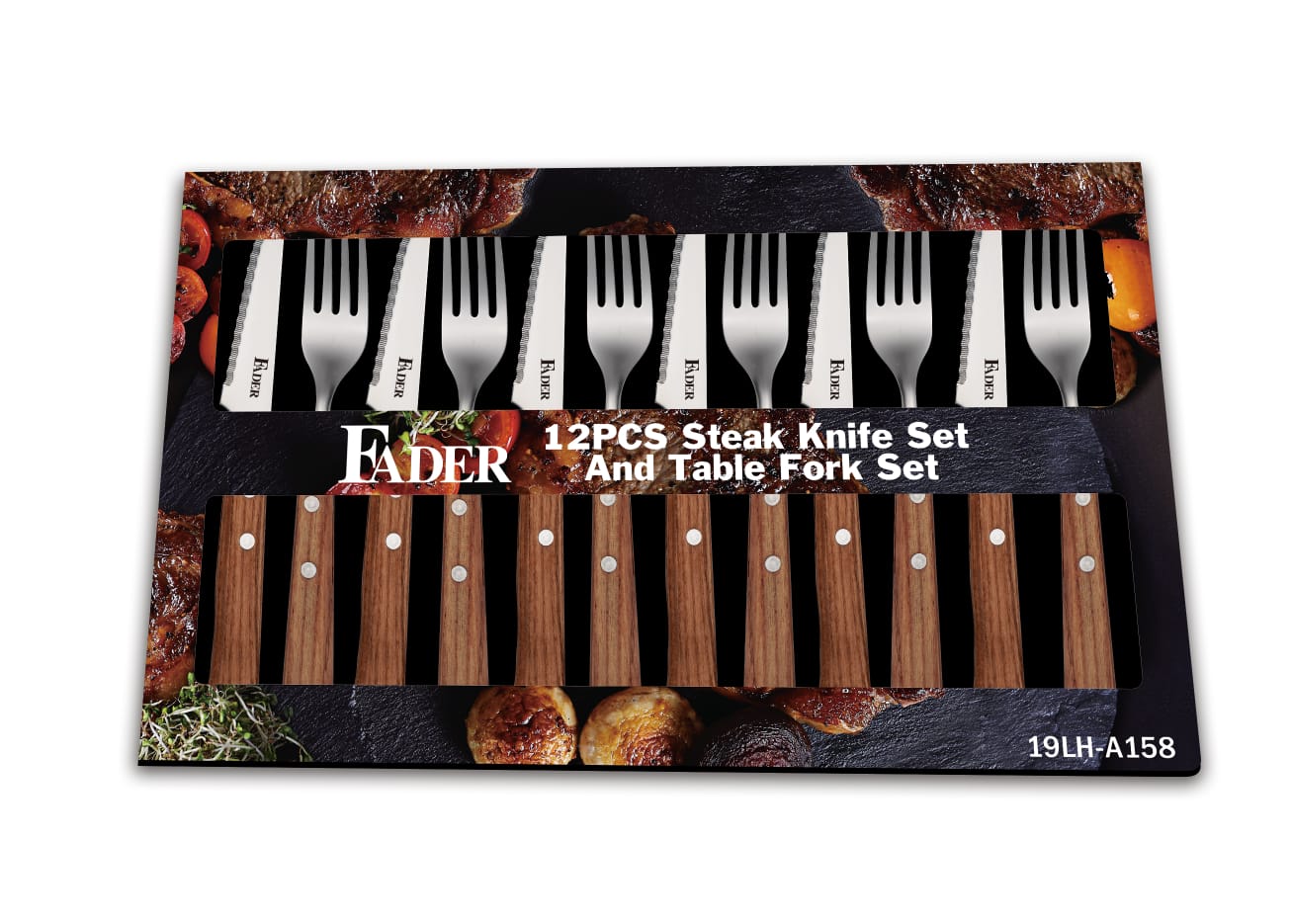 Fader 12-piece steak knife and fork set with brown handles and stainless steel blades