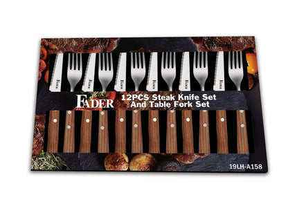 Fader 12-piece steak knife and fork set with brown handles and stainless steel blades