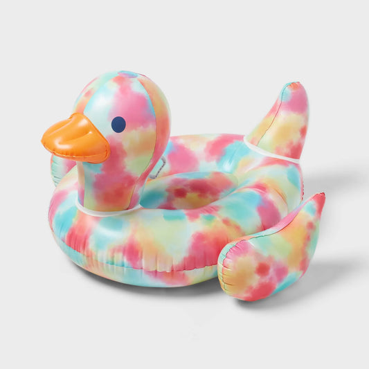 Multicolored Sun Squad Duck Ride On Float with two sturdy grab handles and dual rockers
