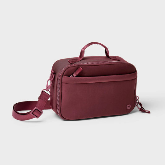 Burgundy faux neoprene lunch tote with zipper closure and adjustable strap