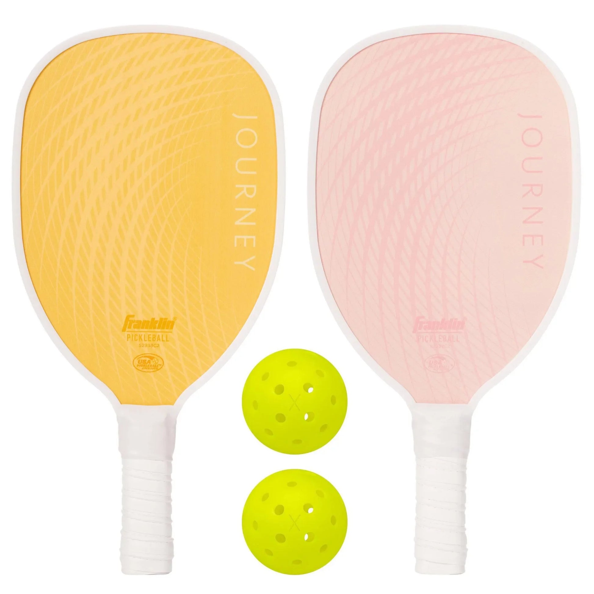 Franklin Sports 2 Player Wood Journey Pickleball Paddle and Ball Set in yellow and pink