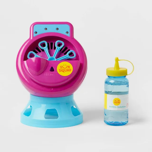 Sun Squad Light Up Bubble Machine with a blue stand and purple bubble maker, releasing endless bubbles