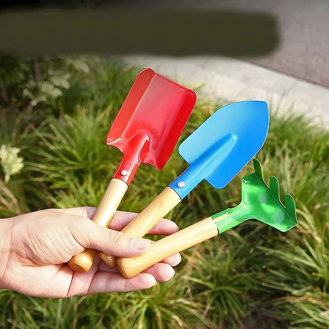 Colorful 3-piece garden tool set for kids featuring 2 shovels and 1 rake