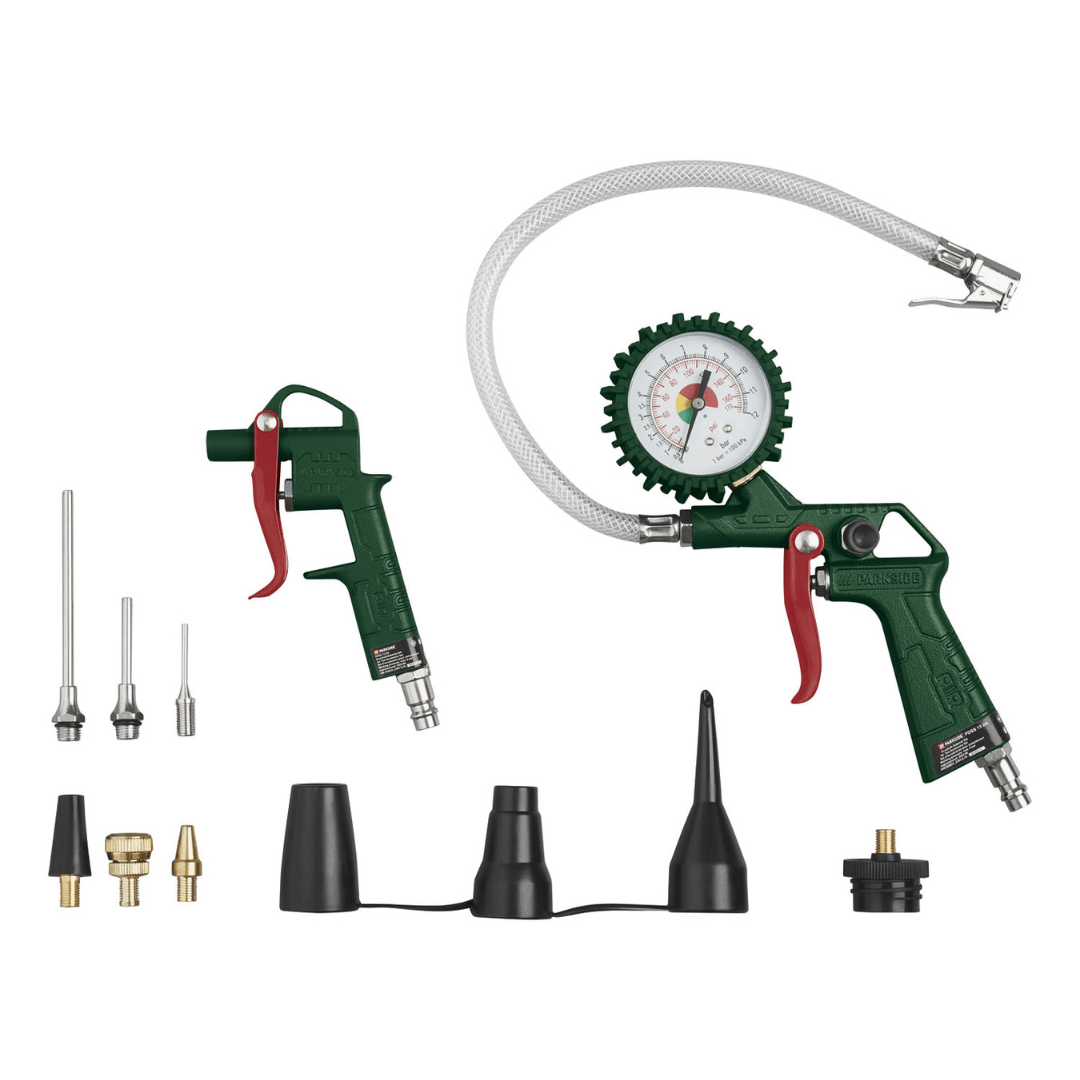 PARKSIDE compressed air entry-level accessory set with blow gun, filling gun, and hose