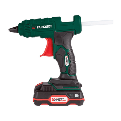 Parkside Cordless Glue Gun with ergonomic soft grip and fold-out drop bar