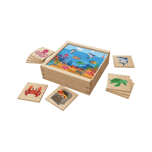Playtive Wooden Memory Game with 21 pieces, including 20 wooden boards and a storage box