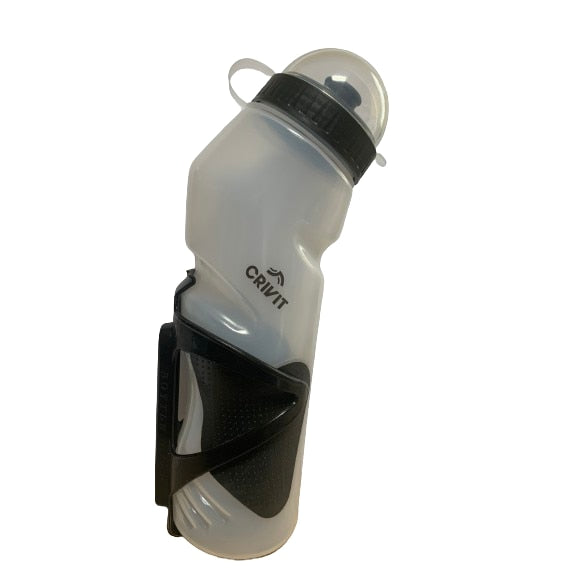 Crivit 700ml bicycle water bottle with holder in white and black color