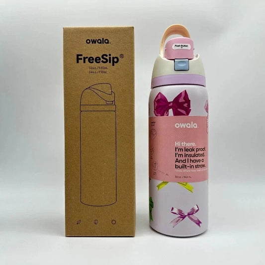 Owala Girlhood 32oz Free Sip Pink Bows Tumbler