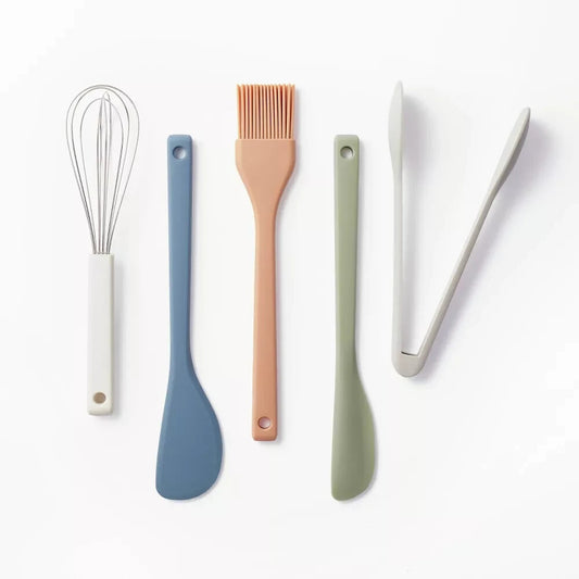 5-piece silicone mini kitchen utensil set from Figmint with spatula, jar scraper, basting brush, whisk, and tongs