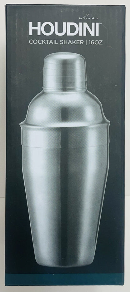 Stainless steel Houdini cocktail shaker with jigger top, lid, and shaker base
